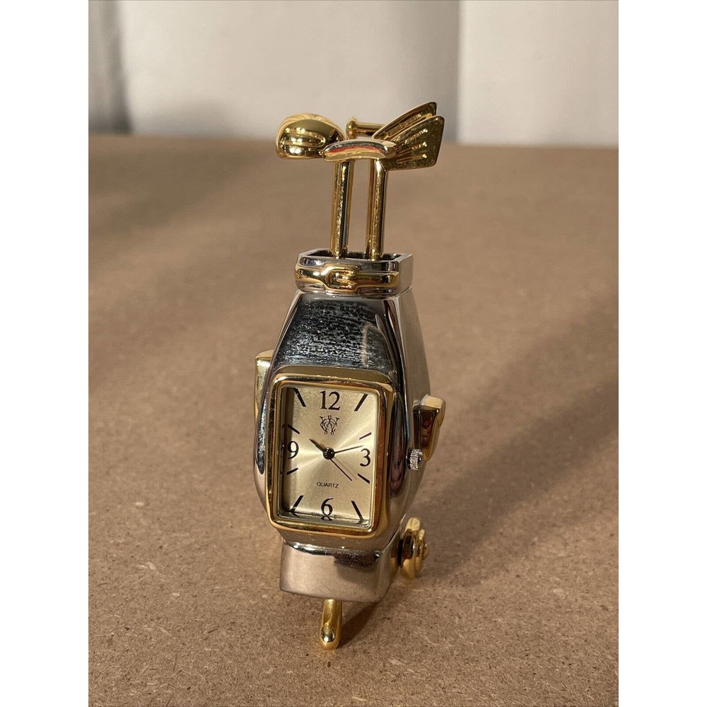Timex Waterbury Clock Co 3.5” Tall Gold & Silver Golf Bag Collectible Desk Clock